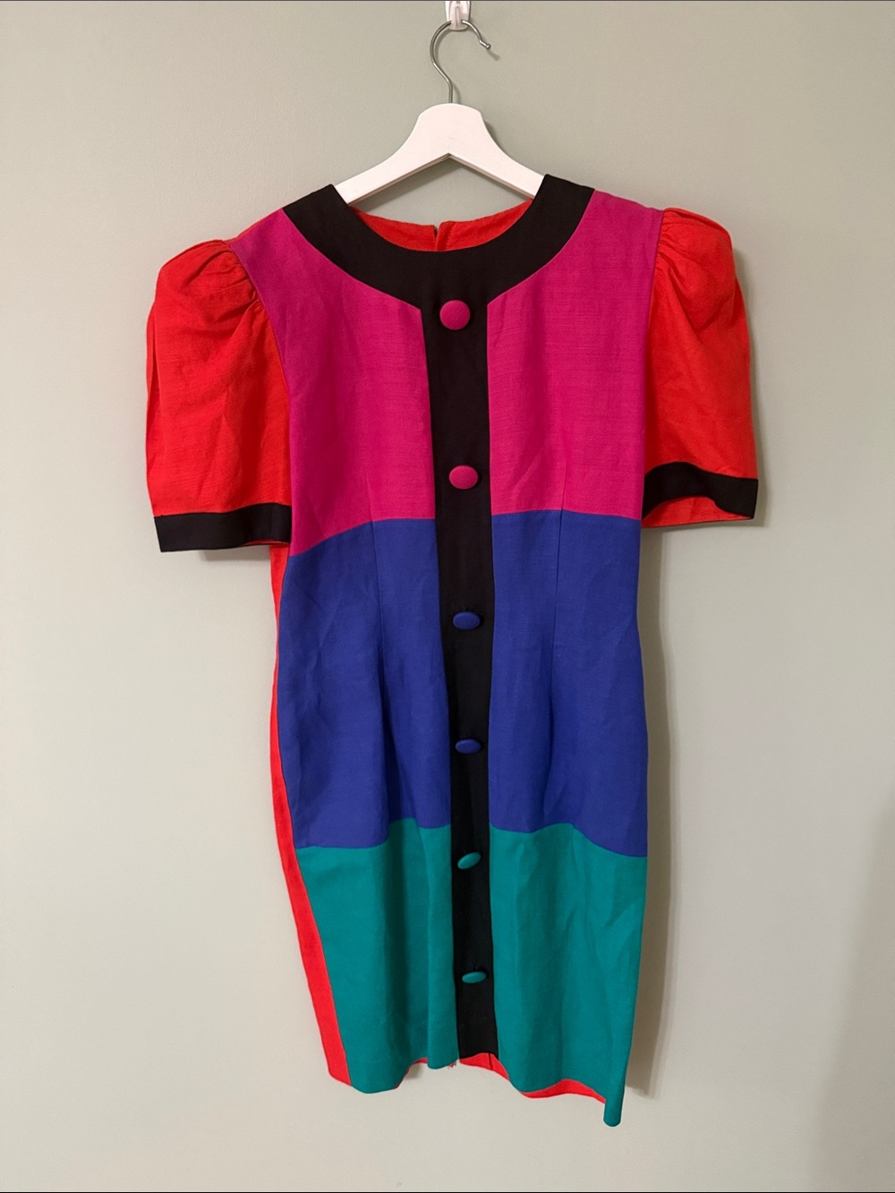 Vintage Harrison Holman Colorblock Dress 80s Mod Puff Sleeve Multicolor